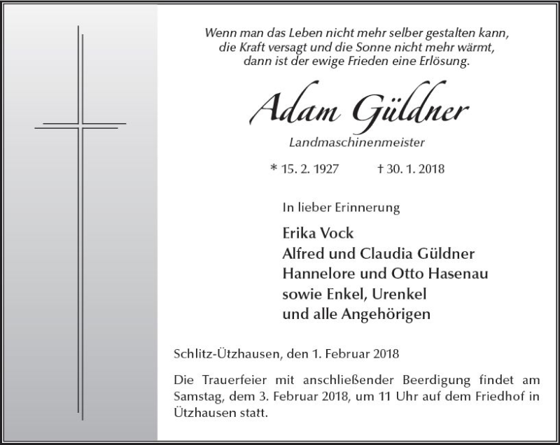  Traueranzeige für Adam Güldner vom 01.02.2018 aus VRM Trauer