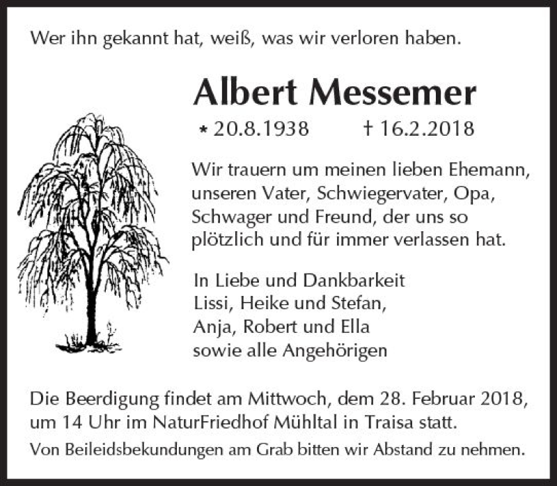  Traueranzeige für Albert Messemer vom 24.02.2018 aus Trauerportal Rhein Main Presse