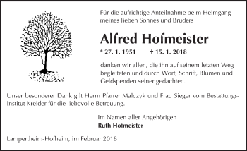 Traueranzeige von Alfred Hofmeister von Trauerportal Rhein Main Presse