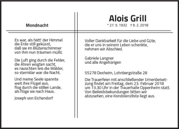 Traueranzeige von Alois Grill von Trauerportal Rhein Main Presse
