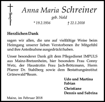 Traueranzeige von Anna Maria Schreiner von Trauerportal Rhein Main Presse