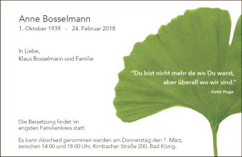 Traueranzeige von Anne Bosselmann von Trauerportal Rhein Main Presse