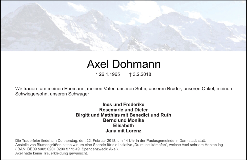  Traueranzeige für Axel Dohmann vom 10.02.2018 aus Trauerportal Rhein Main Presse