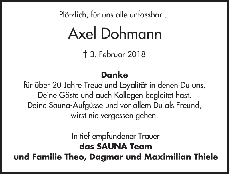  Traueranzeige für Axel Dohmann vom 10.02.2018 aus Trauerportal Rhein Main Presse