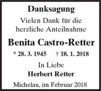 Traueranzeige von Benita Castro-Retter von  Kreisanzeiger