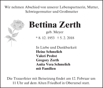 Traueranzeige von Bettina Zerth von Trauerportal Rhein Main Presse