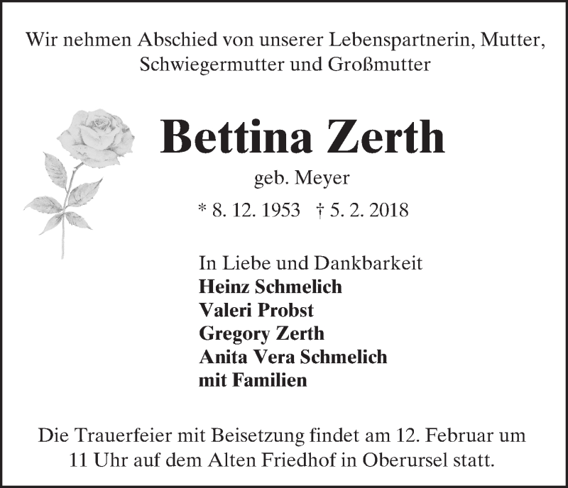  Traueranzeige für Bettina Zerth vom 10.02.2018 aus Trauerportal Rhein Main Presse