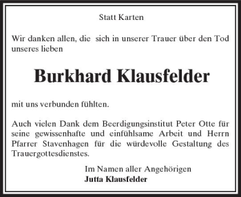 Traueranzeige von Burkhard Klausfelder von Trauerportal Rhein Main Presse