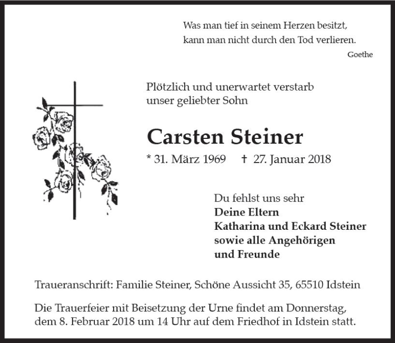  Traueranzeige für Carsten Steiner vom 03.02.2018 aus Trauerportal Rhein Main Presse