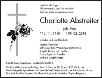 Traueranzeige von Charlotte Abstreiter von Trauerportal Rhein Main Presse