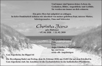 Traueranzeige von Christa Janz von Trauerportal Rhein Main Presse
