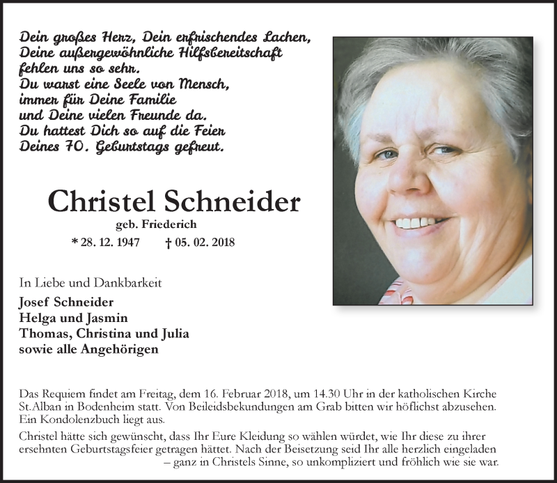  Traueranzeige für Christel Schneider vom 10.02.2018 aus Trauerportal Rhein Main Presse