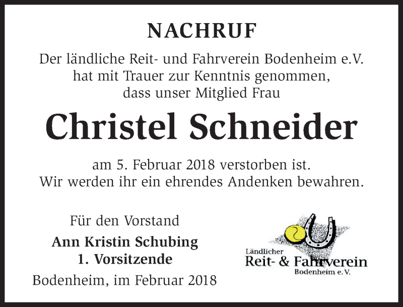  Traueranzeige für Christel Schneider vom 10.02.2018 aus Trauerportal Rhein Main Presse