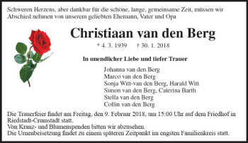 Traueranzeige von Christiaan van den Berg von Trauerportal Rhein Main Presse