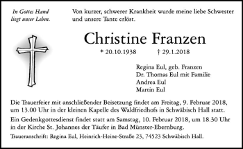 Traueranzeige von Christine Franzen von Trauerportal Rhein Main Presse
