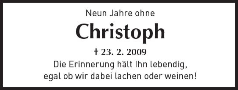  Traueranzeige für Christoph  vom 23.02.2018 aus  Kreisanzeiger