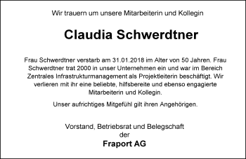 Traueranzeige von Claudia Schwerdtner von Trauerportal Rhein Main Presse