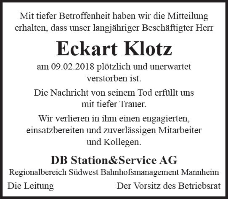  Traueranzeige für Eckart Klotz vom 14.02.2018 aus Trauerportal Rhein Main Presse
