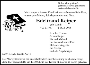 Traueranzeige von Edeltraud Keiper von Trauerportal Rhein Main Presse