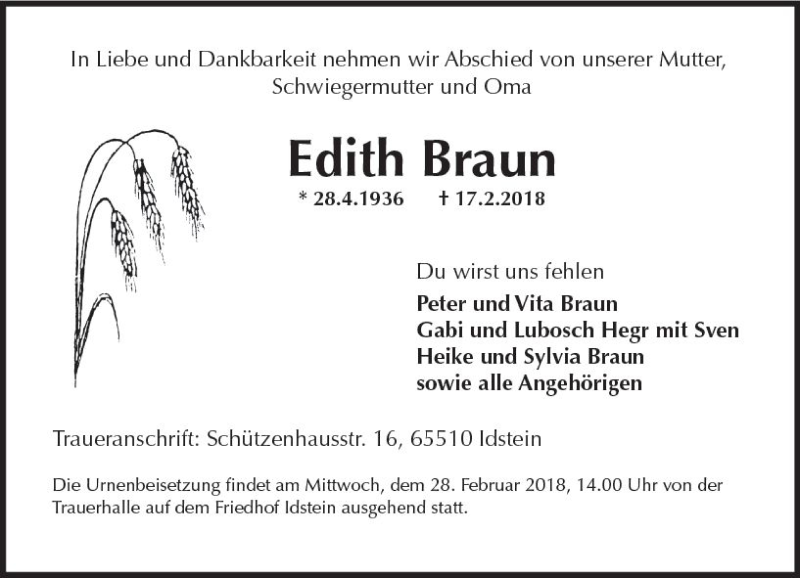  Traueranzeige für Edith Braun vom 24.02.2018 aus Trauerportal Rhein Main Presse