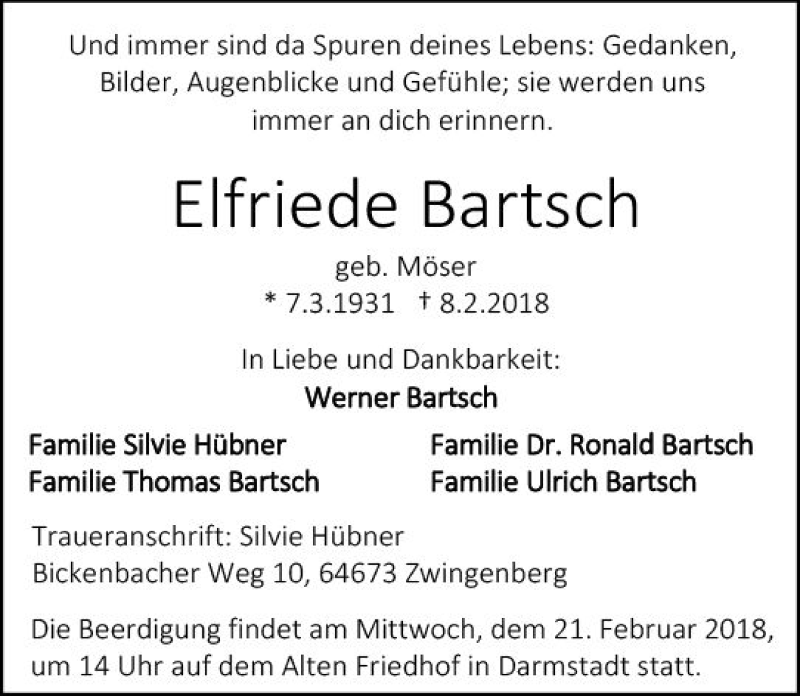  Traueranzeige für Elfriede Bartsch vom 17.02.2018 aus Trauerportal Rhein Main Presse