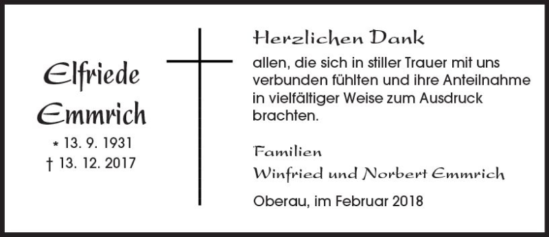  Traueranzeige für Elfriede Emmrich vom 17.02.2018 aus  Kreisanzeiger