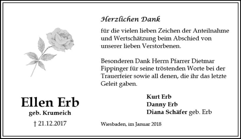  Traueranzeige für Ellen Erb vom 03.02.2018 aus Trauerportal Rhein Main Presse