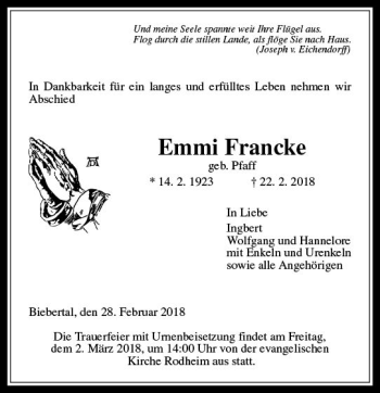 Traueranzeige von Emmi Francke von  Gießener Anzeiger