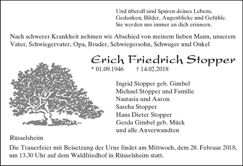  Traueranzeige für Erich Friedrich Stopper vom 24.02.2018 aus Trauerportal Rhein Main Presse
