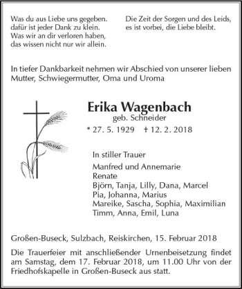 Traueranzeige von Erika Wagenbach von  Gießener Anzeiger
