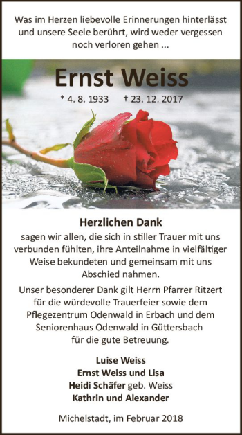 Traueranzeige von Ernst Weiss von Trauerportal Rhein Main Presse