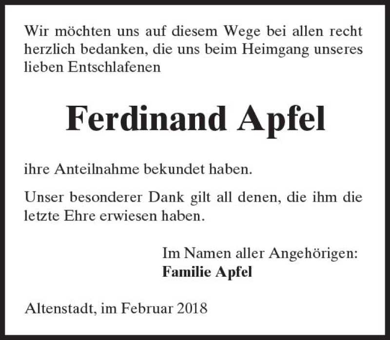  Traueranzeige für Ferdinand Apfel vom 24.02.2018 aus  Kreisanzeiger
