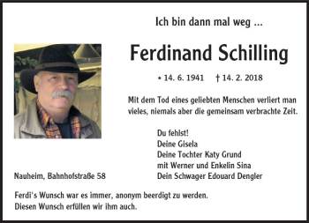 Traueranzeige von Ferdinand Schilling von Trauerportal Rhein Main Presse