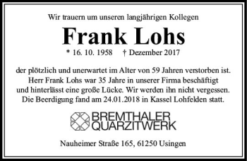 Traueranzeige von Frank Lohs von  Usinger Anzeiger