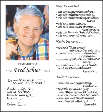 Traueranzeige von Fred Schier von Trauerportal Rhein Main Presse