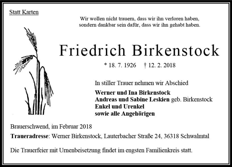  Traueranzeige für Friedrich Birkenstock vom 17.02.2018 aus VRM Trauer