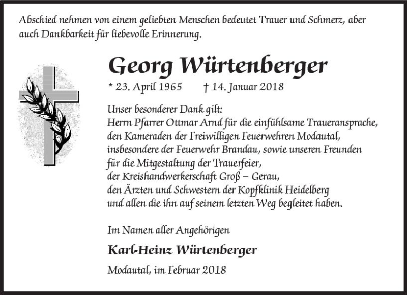  Traueranzeige für Georg Würtenberger vom 17.02.2018 aus Trauerportal Rhein Main Presse