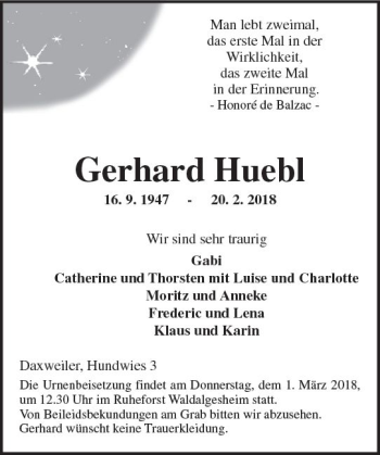 Traueranzeige von Gerhard Huebl von Trauerportal Rhein Main Presse