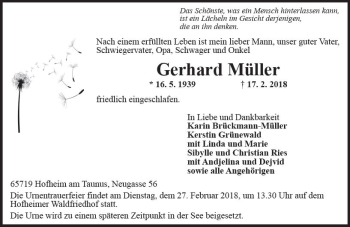 Traueranzeige von Gerhard Müller von Trauerportal Rhein Main Presse