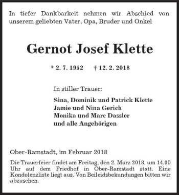Traueranzeige von Gernot Josef Klette von Trauerportal Rhein Main Presse