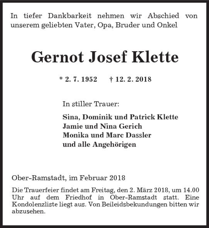  Traueranzeige für Gernot Josef Klette vom 24.02.2018 aus Trauerportal Rhein Main Presse