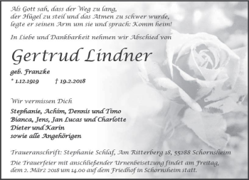 Traueranzeige von Gertrud Lindner von Trauerportal Rhein Main Presse