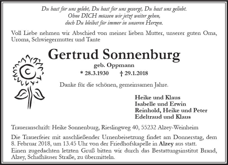  Traueranzeige für Gertrud Sonnenburg vom 01.02.2018 aus Trauerportal Rhein Main Presse