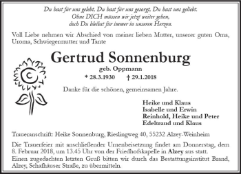 Traueranzeige von Gertrud Sonnenburg von Trauerportal Rhein Main Presse
