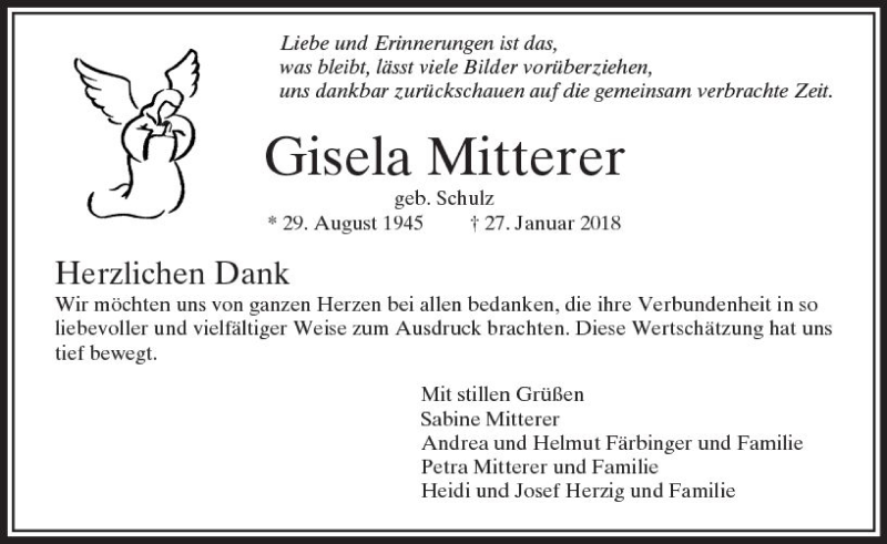  Traueranzeige für Gisela Mitterer vom 24.02.2018 aus  Usinger Anzeiger
