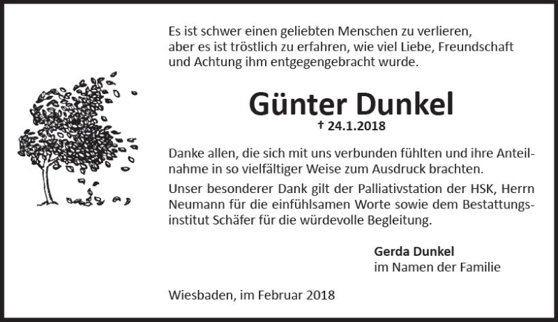  Traueranzeige für Günter Dunkel vom 17.02.2018 aus Trauerportal Rhein Main Presse