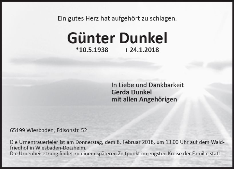  Traueranzeige für Günter Dunkel vom 03.02.2018 aus Trauerportal Rhein Main Presse