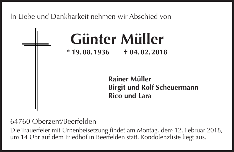  Traueranzeige für Günter Müller vom 10.02.2018 aus Trauerportal Rhein Main Presse