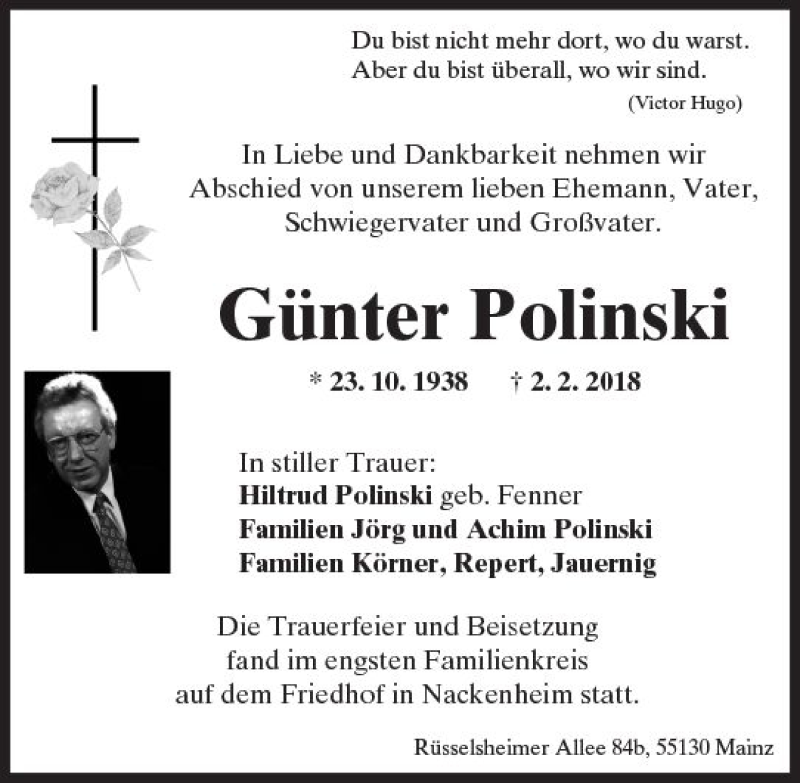  Traueranzeige für Günter Polinski vom 17.02.2018 aus Trauerportal Rhein Main Presse