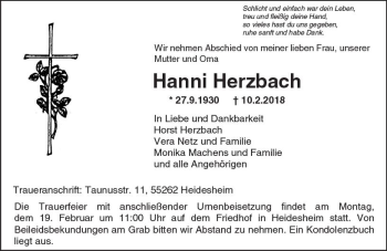 Traueranzeige von Hanni Herzbach von Trauerportal Rhein Main Presse